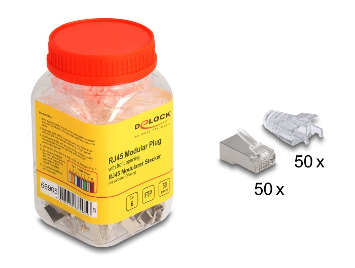 Delock RJ45 Modularer Stecker mit vorderer Öffnung (easy connect) Cat.6 und Knickschutztülle 50er Set
