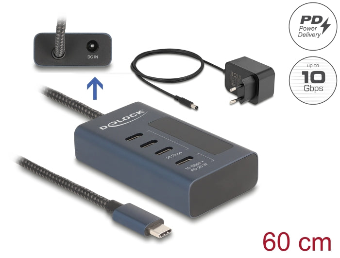 Delock USB 10 Gbps Hub mit 4 USB Type-C™ Ports davon 3 x Datenport + 1 x Daten und PD 20 Watt mit Leistungsanzeige