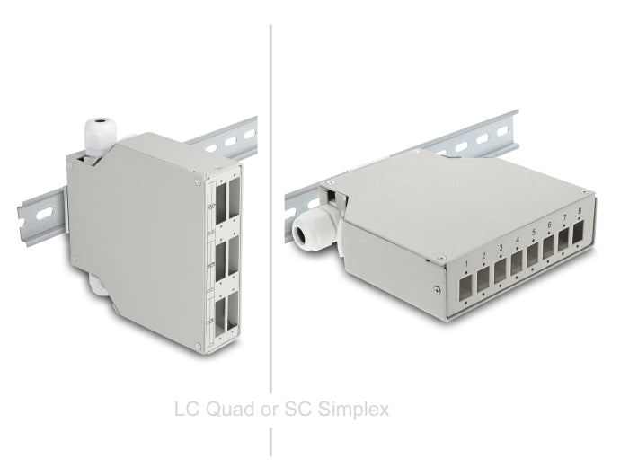 Delock LWL Patchfeld 6 Port für SC Duplex und LC Quad mit alternativem Panel für 8 x SC Simplex oder LC Duplex grau zur Hutschienen Montage - waagerecht und senkrecht montierbar