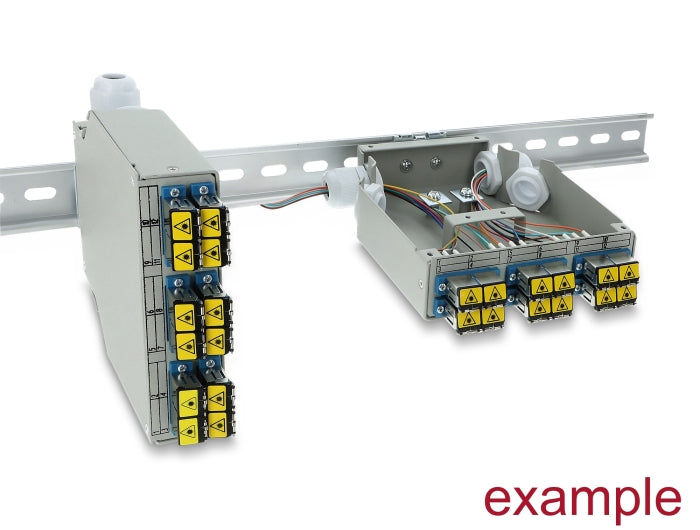Delock LWL Patchfeld 6 Port für SC Duplex und LC Quad mit alternativem Panel für 8 x SC Simplex oder LC Duplex grau zur Hutschienen Montage - waagerecht und senkrecht montierbar
