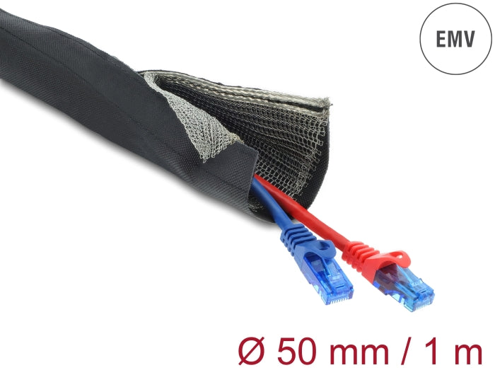 Delock EMV Abschirmgeflechtschlauch mit Klettverschluss hitzebeständig 1 m x 50 mm schwarz