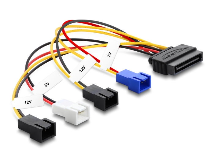 Delock Stromversorgungskabel SATA 15 Pin Stecker zu 4 x 2 Pin Lüfter (12 V / 7 V / 5 V) 20 cm