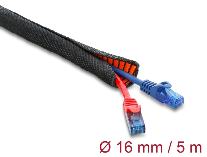 Delock Kabelschutzschlauch mit orangener Verschleißanzeige selbstschließend doppellagig 5 m x 16 mm schwarz