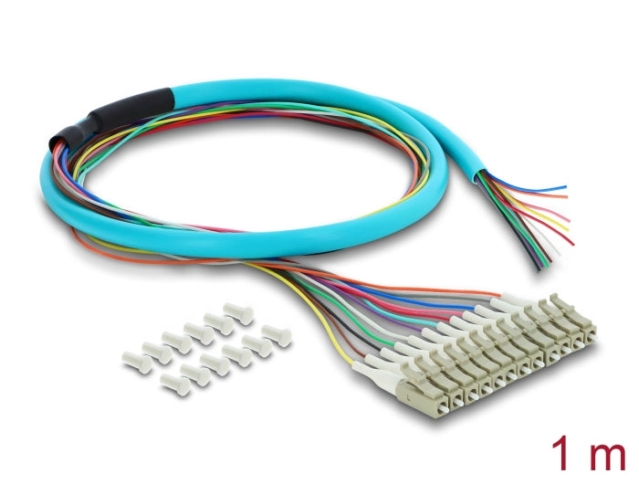 Delock LWL Pigtail Fanout Kabel 12 x LC-UPC Simplex Stecker zu 12 x offenes Kabelende 1 m