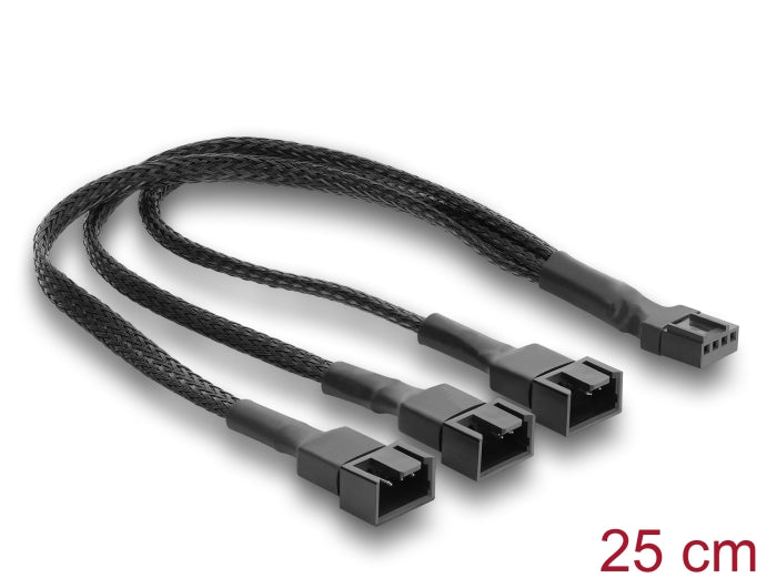 Delock Lüfterkabel Splitter 1 x 4 Pin PWM Buchse zu Stecker + 2 x 4 Pin (3 Pins belegt) Stecker mit Geflechtummantelung 25 cm schwarz