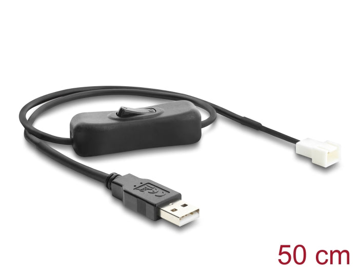 Delock Lüfterkabel USB 2.0 Typ-A Stecker zu 3 Pin (2 Pins belegt) Lüfteranschluss-Stecker mit Schalter 50 cm