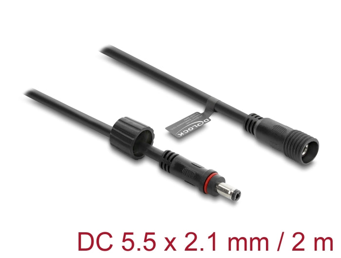 Delock DC Verlängerungskabel 5,5 x 2,1 mm Stecker zu Buchse mit Schraubverschluss M12 x 1,75 mm Gewinde wasserfest 18 AWG, 2 m schwarz