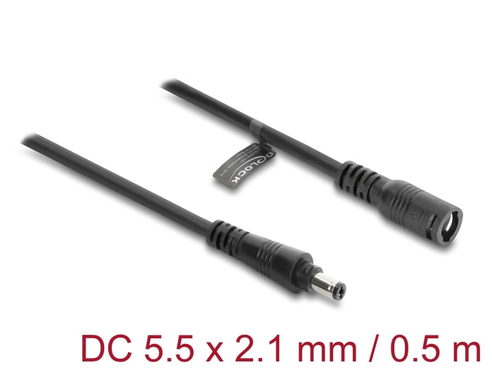 Delock DC Verlängerungskabel 5,5 x 2,1 mm Stecker zu Buchse mit Bajonettverschluss 18 AWG, 0,5 m schwarz