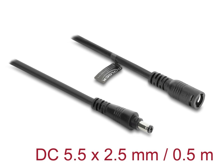 Delock DC Verlängerungskabel 5,5 x 2,5 mm Stecker zu Buchse mit Bajonettverschluss 18 AWG, 0,5 m schwarz