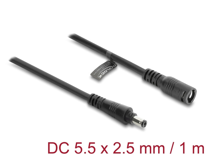Delock DC Verlängerungskabel 5,5 x 2,5 mm Stecker zu Buchse mit Bajonettverschluss 18 AWG, 1 m schwarz