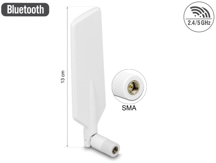 Delock LTE Antenne Dualband WLAN ac/a/b/g/n SMA Stecker 1 - 4 dBi omnidirektional drehbar mit Kippgelenk weiß