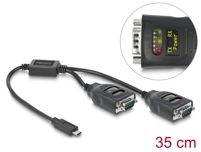 Delock Adapter USB Type-C™ zu 2 x Seriell RS-232 DB9 mit 15 kV ESD Schutz