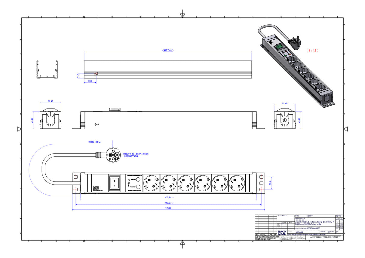 BACHMANN Steckdosenleiste 19 1HE 230V 333.005 Überspannungskategorie: 3