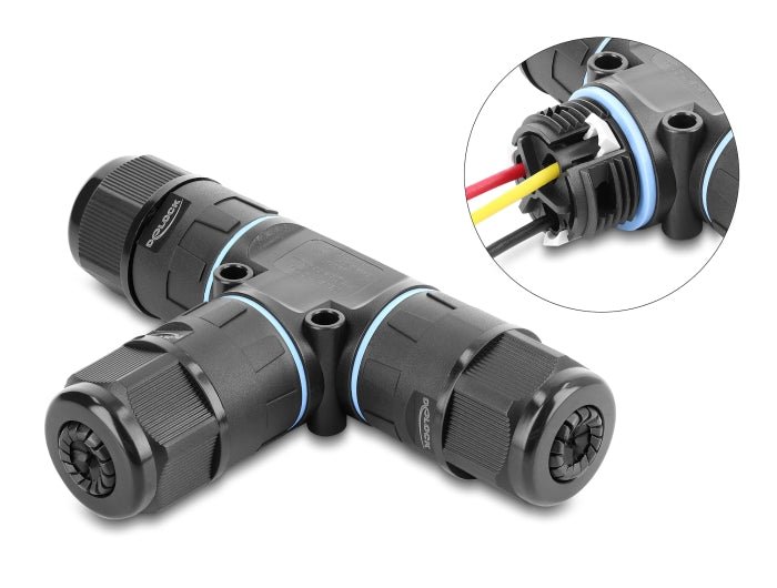 Delock Kabelverbinder T-Form mit Klemmverbindung 3 Pin, IP68 wasserdicht für Kabeldurchmesser 5 - 9 mm, inkl. Dichtungen für 9 - 12 mm, werkzeugfrei schwarz