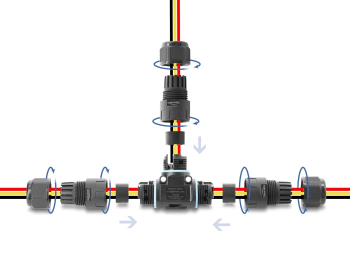 Delock Kabelverbinder T-Form mit Klemmverbindung 3 Pin, IP68 wasserdicht für Kabeldurchmesser 5 - 9 mm, inkl. Dichtungen für 9 - 12 mm, werkzeugfrei schwarz