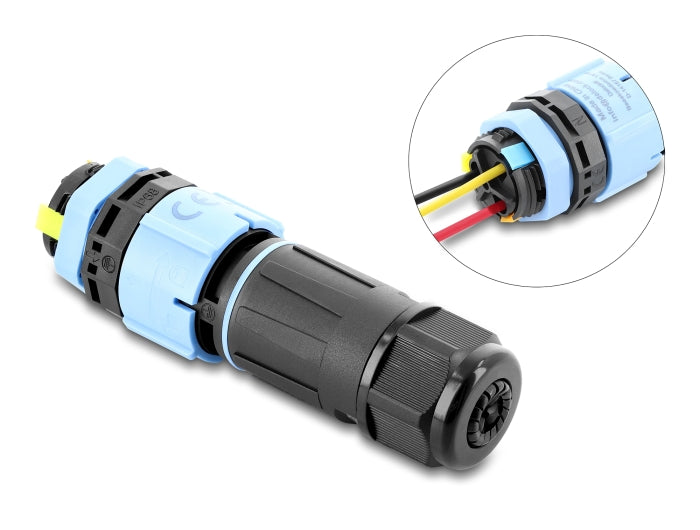 Delock Kabelverbinder mit Bajonettverschluss 3 Pin Stecker zu Buchse mit Gehäuse zum Einbau, IP68 wasserdicht für Kabeldurchmesser 5 - 9 mm, inkl. Dichtung für 9 - 12 mm werkzeugfrei schwarz