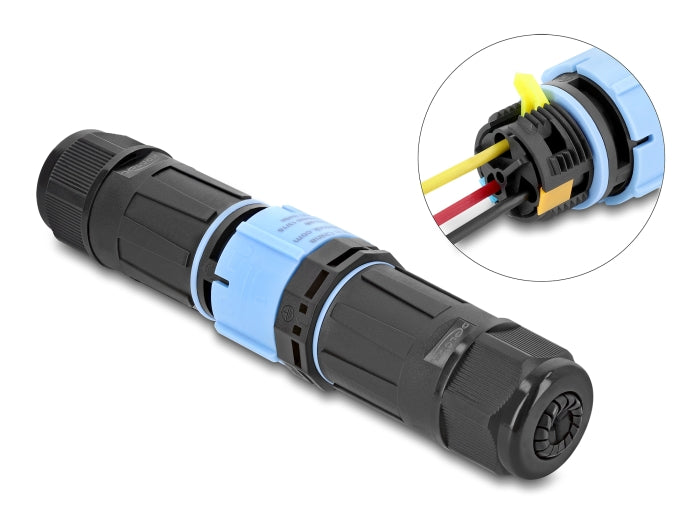 Delock Kabelverbinder mit Bajonettverschluss 3 Pin Stecker zu Buchse, IP68 wasserdicht für Kabeldurchmesser 5 - 9 mm, inkl. Dichtungen für 9 - 12 mm werkzeugfrei schwarz