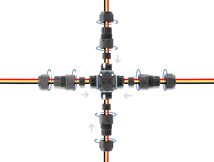 Delock Kabelverbinder X-Form mit Klemmverbindung 3 Pin, IP68 wasserdicht für Kabeldurchmesser 5 - 9 mm, inkl. Dichtungen für 9 - 12 mm, werkzeugfrei schwarz