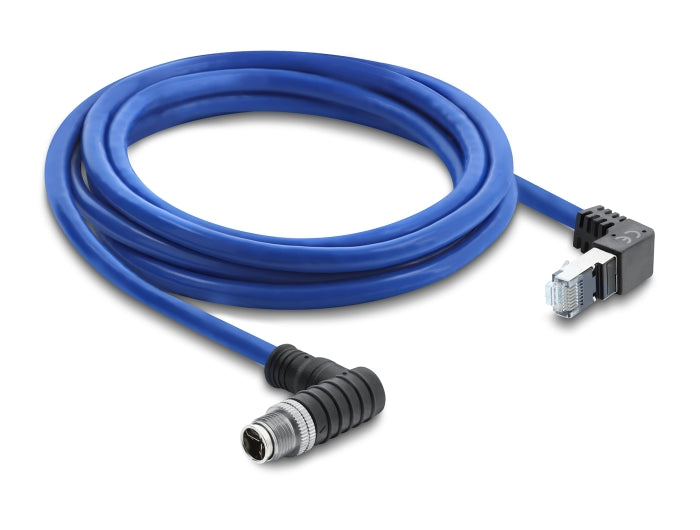 Delock M12 Kabel X-kodiert 8 Pin Stecker nach unten gewinkelt zu RJ45 Stecker nach oben gewinkelt S/FTP geschirmt 2 m blau