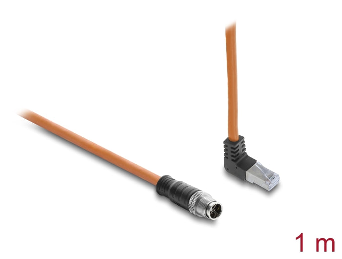 Delock M12 Kabel X-kodiert 8 Pin Stecker gerade zu RJ45 Stecker nach oben gewinkelt S/FTP geschirmt 1 m orange