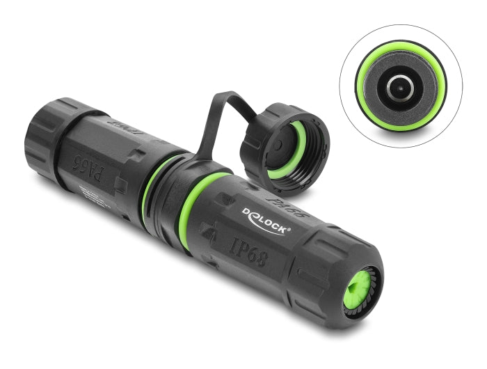 Delock Kabelverbinder DC 5,5 x 2,1 mm Buchse zu DC 5,5 x 2,1 mm Buchse mit M20 x 1,5 mm Gewinde und Verschlusskappe mit Gehäuse kompatibel mit Starlink IP68 staub- und wasserdicht