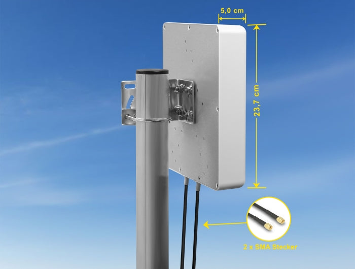Delock LTE MIMO Antenne 2 x SMA Stecker 8 dBi direktional mit Anschlusskabel RG-58 5 m weiß outdoor