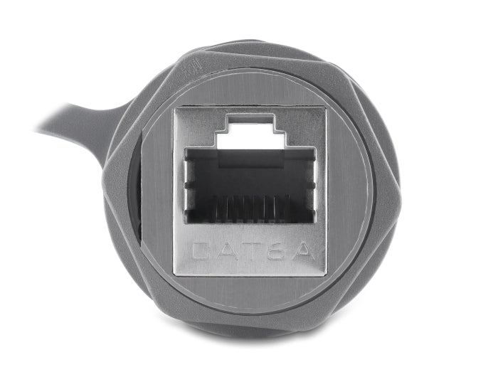 Delock Kabelverbinder RJ45 Buchse zu RJ45 Buchse Cat.6A mit M23.5 x 1,5 mm Gewinde und Verschlusskappe IP68 staub- und wasserdicht grau