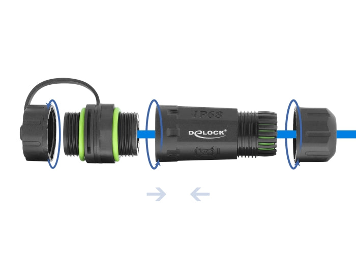 Delock Kabelverbinder RJ12 Buchse zu RJ12 Buchse mit M20 x 1,5 mm Gewinde und Verschlusskappe mit Gehäuse IP68 staub- und wasserdicht