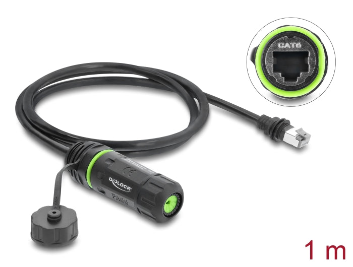 Delock Kabel RJ45 Stecker zu RJ45 Buchse Cat.6 zum Einbau mit M20 x 1,5 mm Gewinde und Gehäuse kompatibel mit Starlink IP68 staub- und wasserdicht 1 m schwarz