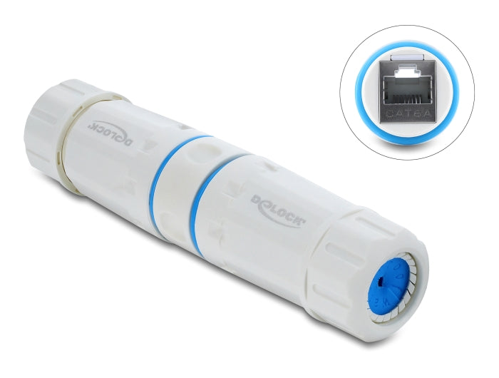 Delock Kabelverbinder RJ45 Buchse zu RJ45 Buchse Cat.6A mit M23.5 x 1,5 mm Gewinde IP68 staub- und wasserdicht weiß