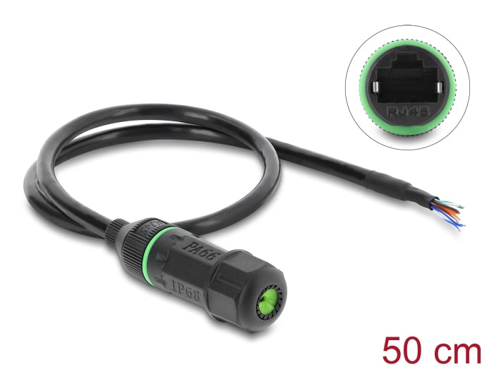 Delock Kabel RJ45 Buchse zu offene Kabelenden zum Einbau Cat.6 mit M16,8 x 1,5 mm Gewinde und Gehäuse 50 cm schwarz