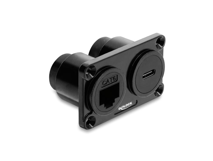 Delock Dual Einbaubuchse USB 10 Gbps USB Type-C™ Buchse PD 100 W + RJ45 Buchse Cat.6 schwarz