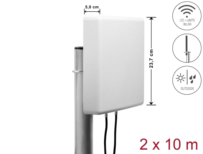 Delock LTE MIMO Antenne 2 x SMA Stecker 8 dBi direktional mit Anschlusskabel RG-58 10 m weiß outdoor