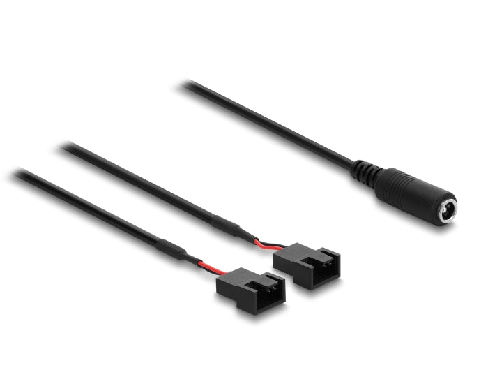 Delock Lüfterkabel DC Buchse 5,5 x 2,1 mm zu 2 x 4 Pin Lüfteranschluss Stecker (2 Pins belegt) mit Schalter 1 m