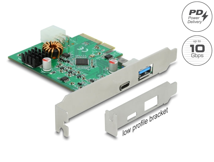 Delock PCI Express x4 Karte zu 1 x extern USB Type-C™ Buchse mit PD Funktion + 1 x extern USB Typ-A Buchse USB 10 Gbps