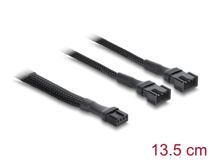 Delock Y-Lüfterkabel 1 x 4 Pin PWM Buchse zu 2 x 4 Pin PWM Stecker mit Geflechtummantelung 13,5 cm schwarz