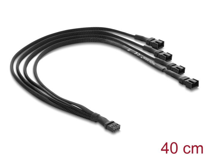 Delock Lüfterkabel Splitter 1 x 4 Pin PWM Buchse zu Stecker + 3 x 4 Pin Stecker (3 Pins belegt) mit Geflechtummantelung 40 cm schwarz