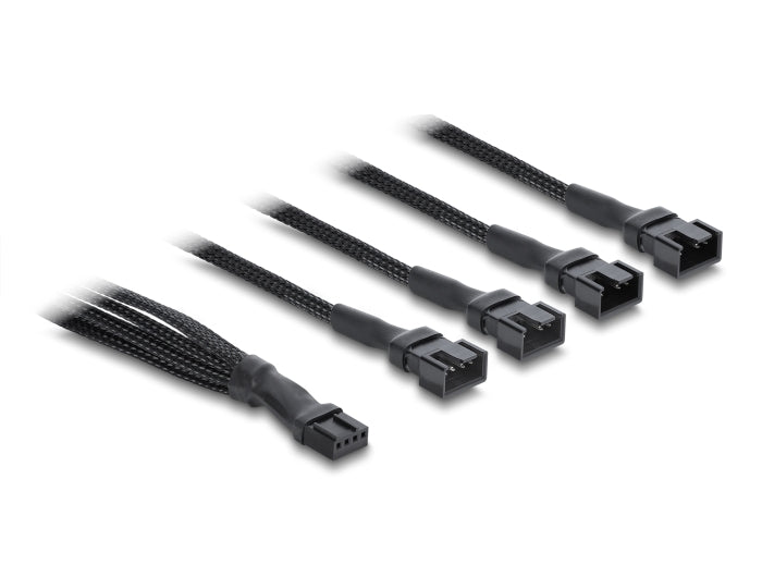 Delock Lüfterkabel Splitter 1 x 4 Pin PWM Buchse zu Stecker + 3 x 4 Pin Stecker (3 Pins belegt) mit Geflechtummantelung 40 cm schwarz