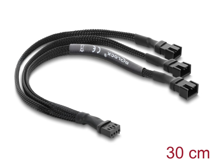 Delock Lüfterkabel Splitter 1 x 4 Pin PWM Buchse zu Stecker + 2 x 4 Pin Stecker (3 Pins belegt) mit Geflechtummantelung 30 cm schwarz