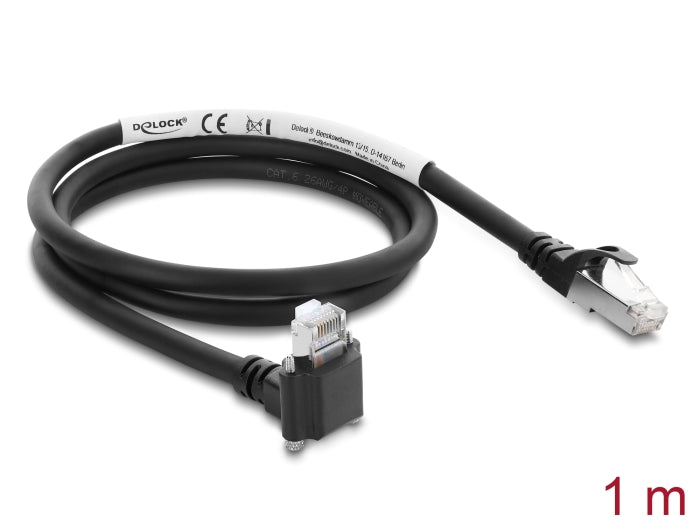 Delock GigE Kamera Kabel RJ45 Stecker 90° gewinkelt mit Schrauben, Steckerlänge 28 mm zu RJ45 Stecker Cat.6 S/FTP 1 m schwarz
