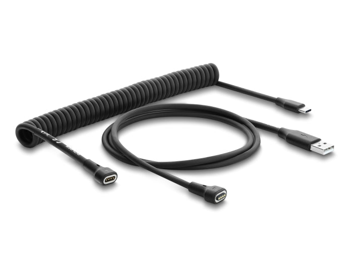 Delock Magnetisches Spiralkabel USB 2.0 Typ-A Stecker zu Pogo 4 Pin Stecker + USB Type-C™ Stecker zu Pogo 4 Pin Buchse Set schwarz 1,5 m