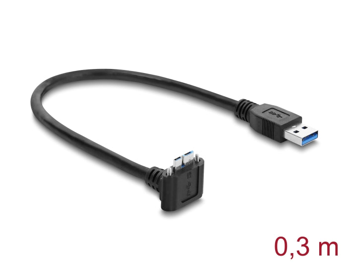 Delock USB 5 Gbps Kabel USB Typ-A Stecker gerade zu USB Micro-B Stecker mit Schraubenabstand 18 mm 90° nach oben gewinkelt 0,3 m schwarz