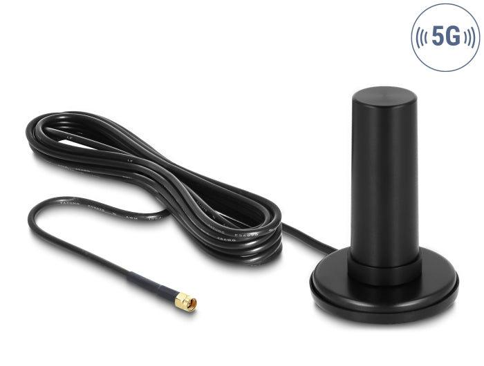 Delock 5G LTE Antenne SMA Stecker 0 - 3 dBi starr omnidirektional mit magnetischem Standfuß und Anschlusskabel RF195 3 m outdoor schwarz