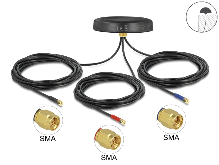 Delock Multiband LTE-MIMO UMTS GSM GNSS Antenne 3 x SMA Stecker omnidirektional Dachmontage schwarz outdoor