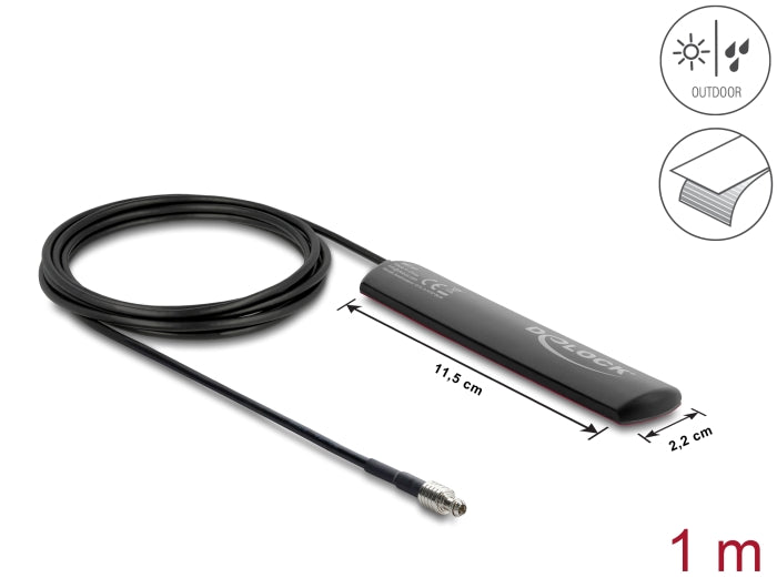 Delock LTE Antenne TS9 Stecker 1,5 dBi omnidirektional starr mit Anschlusskabel RG-174 1 m Klebemontage outdoor schwarz