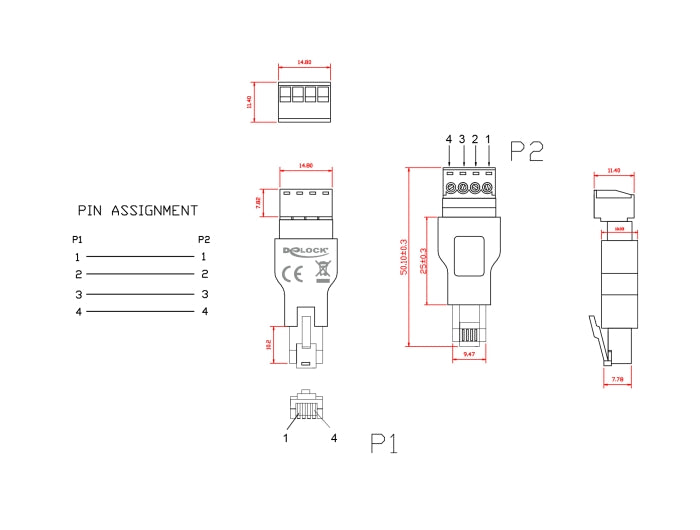 Delock Adapter RJ11/14 Stecker zu Terminalblock 4 Pin 2-teilig
