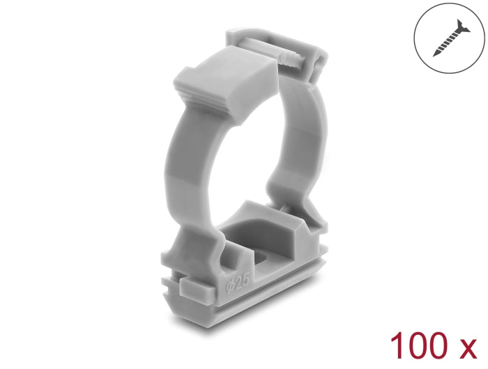 Delock Kabelschlauchhalter mit Verschlussclip, schraubbar für 25 mm Kabelschutzschlauch, 100 Stück, grau