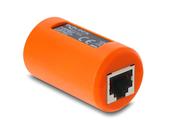 Delock Adapter Kupplung RJ45 Buchse zu Buchse Cat.6A geschirmt mit Überspannungsschutz rund orange