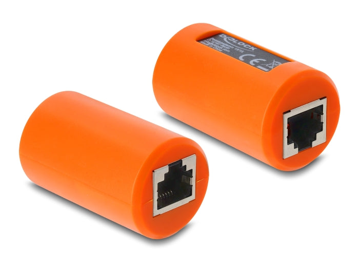 Delock Adapter Kupplung RJ45 Buchse zu Buchse Cat.6A geschirmt mit Überspannungsschutz rund orange