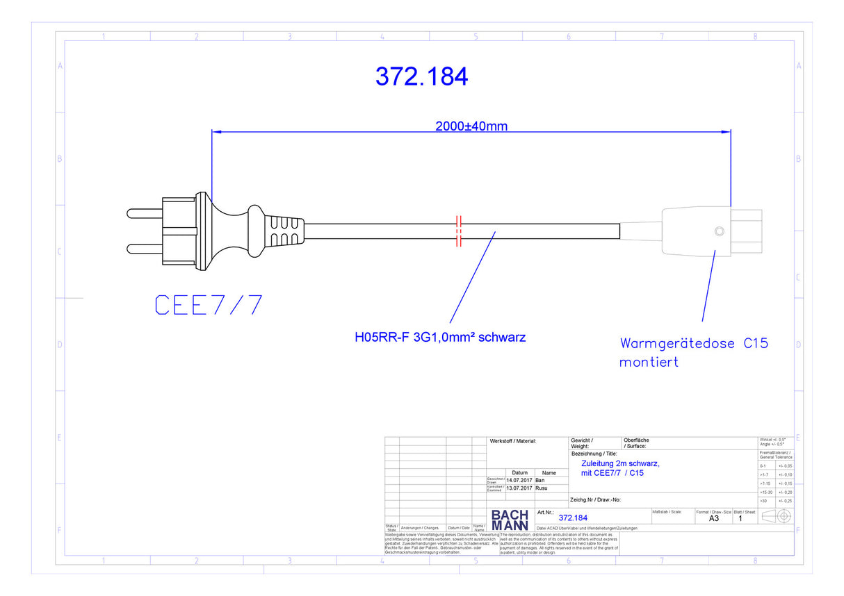 BACHMANN Netzanschlussleitung 2m 3x1qmm 372.184 10A sw IP20 0-155°C PVC